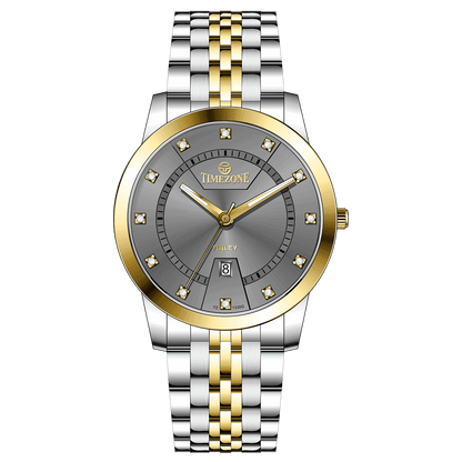 Branded wrist watch for men in pakistan. A two-tone stainless steel Evertime Aura watch with a silver dial, gold casing, and a date display, accompanied by a link strap.