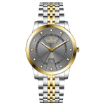 Branded wrist watch for men in pakistan. A two-tone stainless steel Evertime Aura watch with a silver dial, gold casing, and a date display, accompanied by a link strap.
