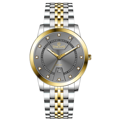 Branded wrist watch for men in pakistan. A two-tone stainless steel Evertime Aura watch with a silver dial, gold casing, and a date display, accompanied by a link strap.