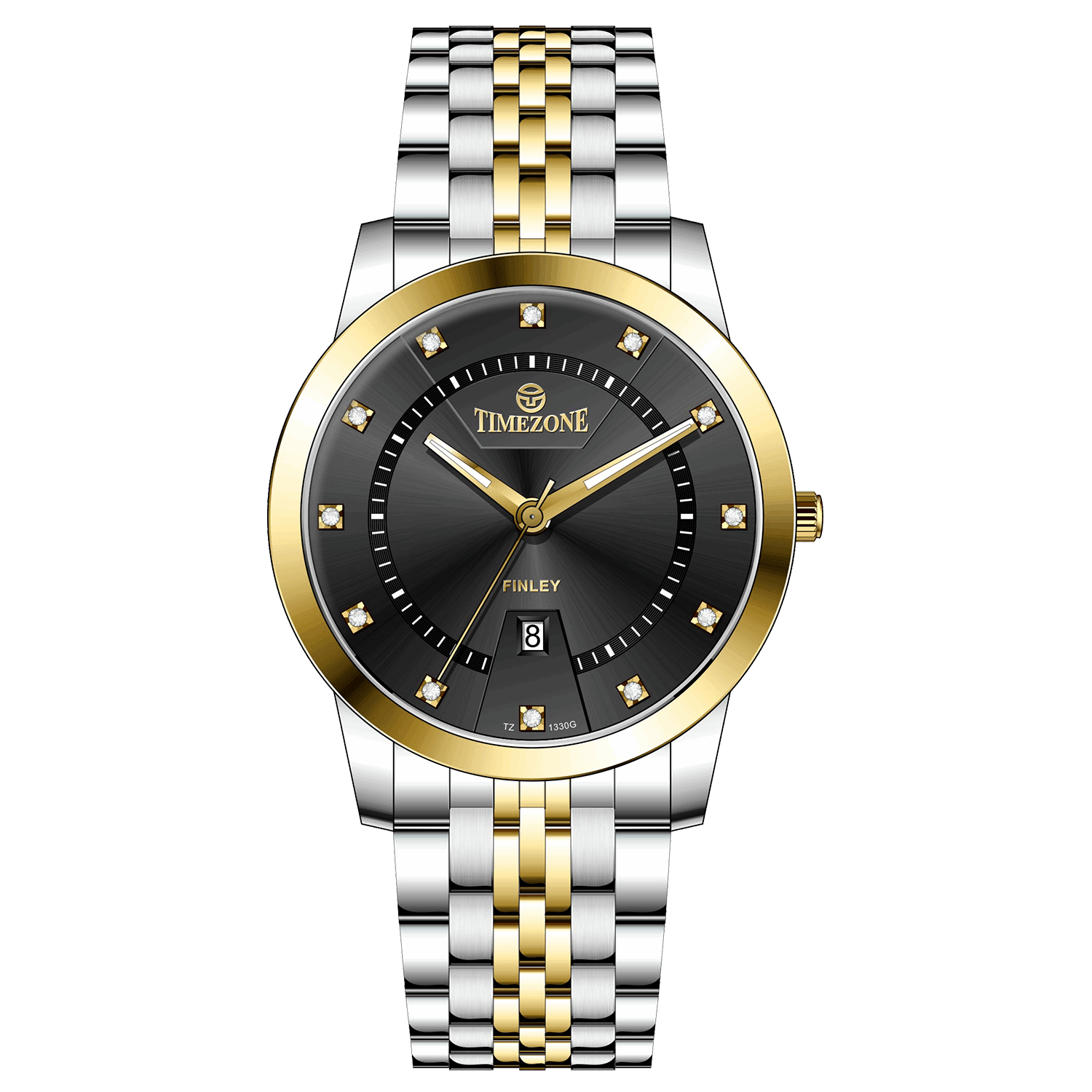 Branded wrist watch for men in pakistan. A two-tone stainless steel Evertime Aura watch with a silver dial, gold casing, and a date display, accompanied by a link strap.