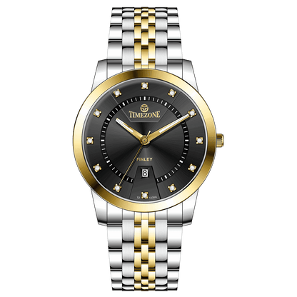 Branded wrist watch for men in pakistan. A two-tone stainless steel Evertime Aura watch with a silver dial, gold casing, and a date display, accompanied by a link strap.