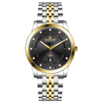 Branded wrist watch for men in pakistan. A two-tone stainless steel Evertime Aura watch with a silver dial, gold casing, and a date display, accompanied by a link strap.