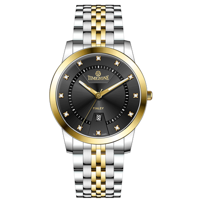 Branded wrist watch for men in pakistan. A two-tone stainless steel Evertime Aura watch with a silver dial, gold casing, and a date display, accompanied by a link strap.