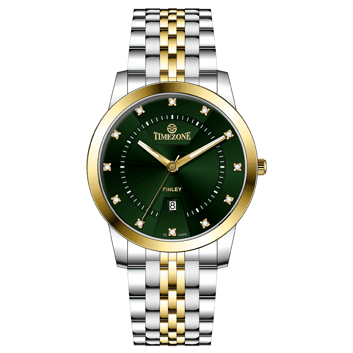 Branded wrist watch for men in pakistan. A two-tone stainless steel Evertime Aura watch with a silver dial, gold casing, and a date display, accompanied by a link strap.