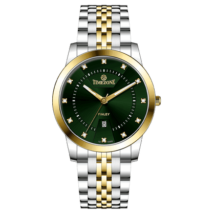 Branded wrist watch for men in pakistan. A two-tone stainless steel Evertime Aura watch with a silver dial, gold casing, and a date display, accompanied by a link strap.