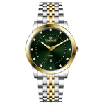 Branded wrist watch for men in pakistan. A two-tone stainless steel Evertime Aura watch with a silver dial, gold casing, and a date display, accompanied by a link strap.