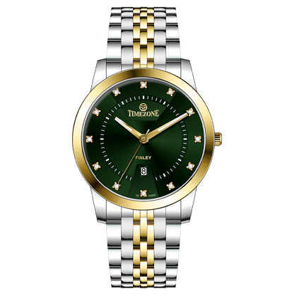 Branded wrist watch for men in pakistan. A two-tone stainless steel Evertime Aura watch with a silver dial, gold casing, and a date display, accompanied by a link strap.