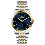 Branded wrist watch for men in pakistan. A two-tone stainless steel Evertime Aura watch with a silver dial, gold casing, and a date display, accompanied by a link strap.