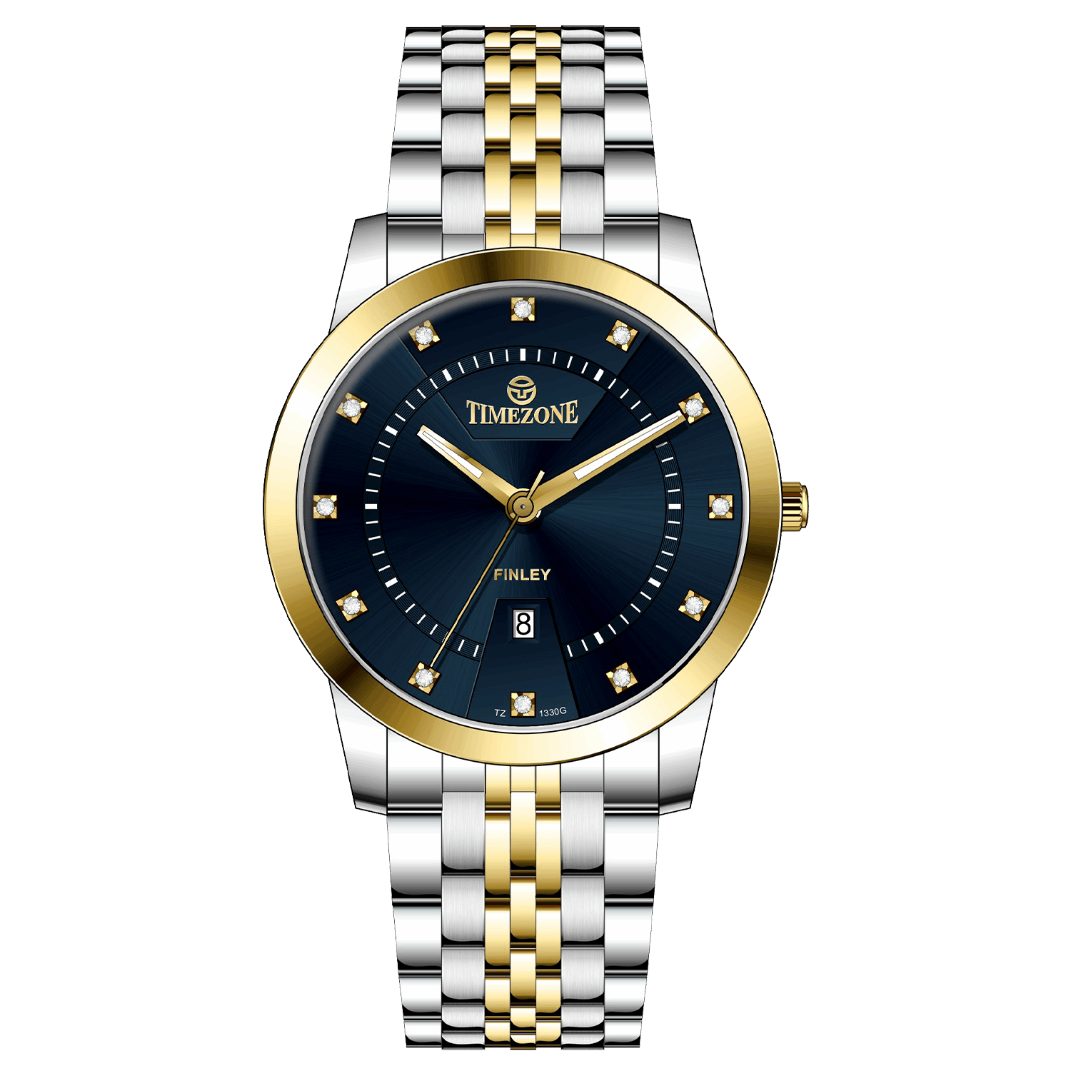 Branded wrist watch for men in pakistan. A two-tone stainless steel Evertime Aura watch with a silver dial, gold casing, and a date display, accompanied by a link strap.