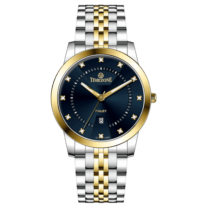 Branded wrist watch for men in pakistan. A two-tone stainless steel Evertime Aura watch with a silver dial, gold casing, and a date display, accompanied by a link strap.