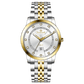 Branded wrist watch for men in pakistan. A two-tone stainless steel Evertime Aura watch with a silver dial, gold casing, and a date display, accompanied by a link strap.
