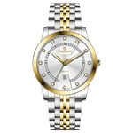 Branded wrist watch for men in pakistan. A two-tone stainless steel Evertime Aura watch with a silver dial, gold casing, and a date display, accompanied by a link strap.