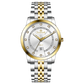 Branded wrist watch for men in pakistan. A two-tone stainless steel Evertime Aura watch with a silver dial, gold casing, and a date display, accompanied by a link strap.