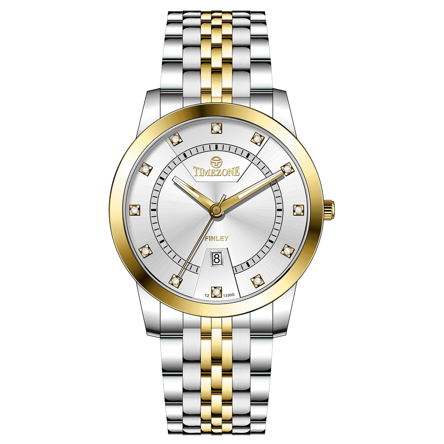 Branded wrist watch for men in pakistan. A two-tone stainless steel Evertime Aura watch with a silver dial, gold casing, and a date display, accompanied by a link strap.
