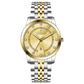 Branded wrist watch for men in pakistan. A two-tone stainless steel Evertime Aura watch with a silver dial, gold casing, and a date display, accompanied by a link strap.