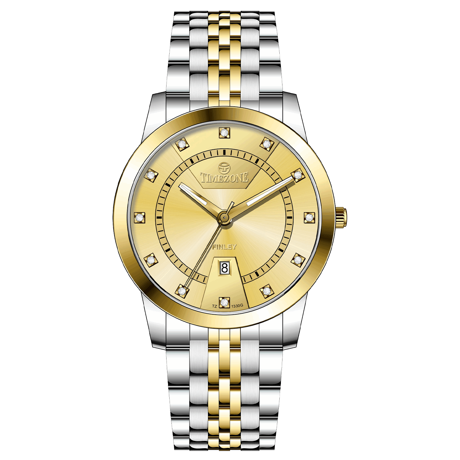 Branded wrist watch for men in pakistan. A two-tone stainless steel Evertime Aura watch with a silver dial, gold casing, and a date display, accompanied by a link strap.