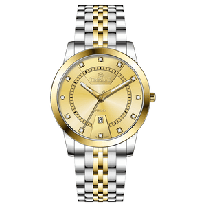 Branded wrist watch for men in pakistan. A two-tone stainless steel Evertime Aura watch with a silver dial, gold casing, and a date display, accompanied by a link strap.