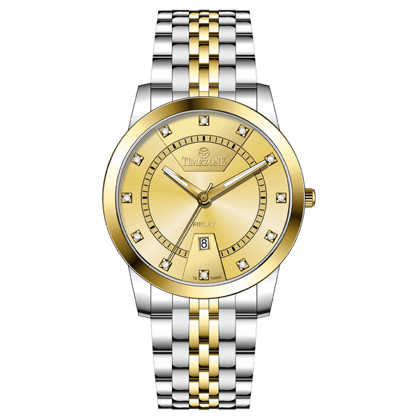Branded wrist watch for men in pakistan. A two-tone stainless steel Evertime Aura watch with a silver dial, gold casing, and a date display, accompanied by a link strap.