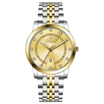 Branded wrist watch for men in pakistan. A two-tone stainless steel Evertime Aura watch with a silver dial, gold casing, and a date display, accompanied by a link strap.