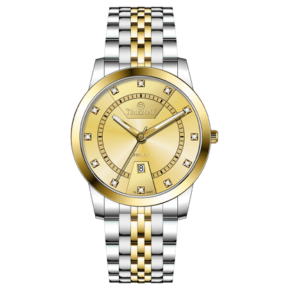 Branded wrist watch for men in pakistan. A two-tone stainless steel Evertime Aura watch with a silver dial, gold casing, and a date display, accompanied by a link strap.