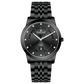 Branded wrist watch for men in pakistan. A black analog watch with a stainless steel band and a dial adorned with markers and a date display, branded 'TIMEZONE'.