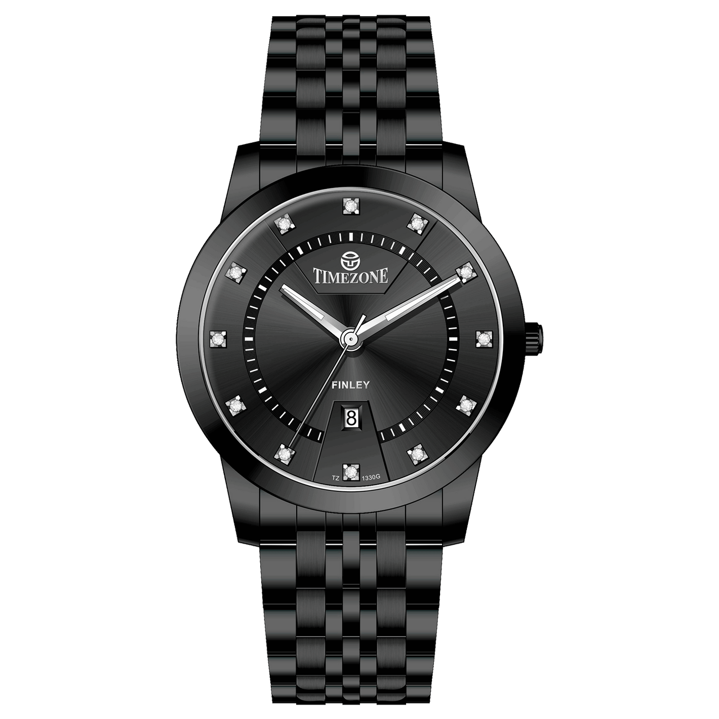 Branded wrist watch for men in pakistan. A black analog watch with a stainless steel band and a dial adorned with markers and a date display, branded 'TIMEZONE'.