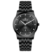 Branded wrist watch for men in pakistan. A black analog watch with a stainless steel band and a dial adorned with markers and a date display, branded 'TIMEZONE'.
