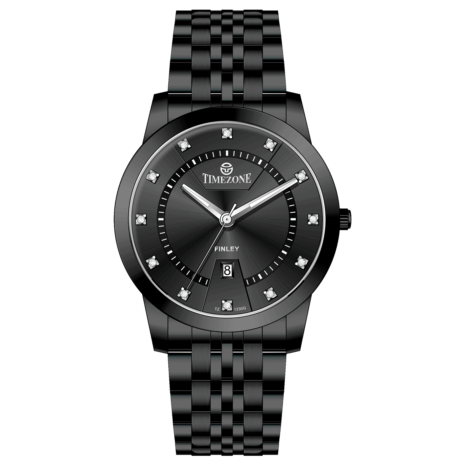Branded wrist watch for men in pakistan. A black analog watch with a stainless steel band and a dial adorned with markers and a date display, branded 'TIMEZONE'.