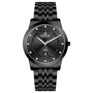 Branded wrist watch for men in pakistan. A black analog watch with a stainless steel band and a dial adorned with markers and a date display, branded 'TIMEZONE'.