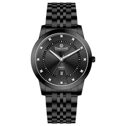 Branded wrist watch for men in pakistan. A black analog watch with a stainless steel band and a dial adorned with markers and a date display, branded 'TIMEZONE'.