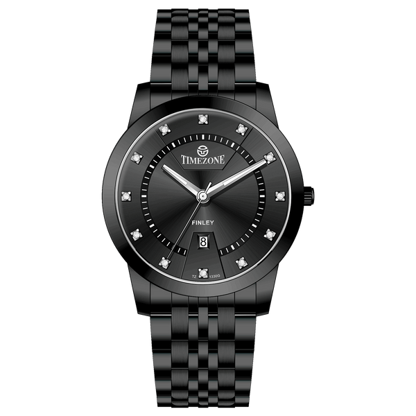 Branded wrist watch for men in pakistan. A black analog watch with a stainless steel band and a dial adorned with markers and a date display, branded 'TIMEZONE'.