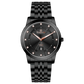 Branded wrist watch for men in pakistan. A black analog watch with a stainless steel band and a dial adorned with markers and a date display, branded 'TIMEZONE'.