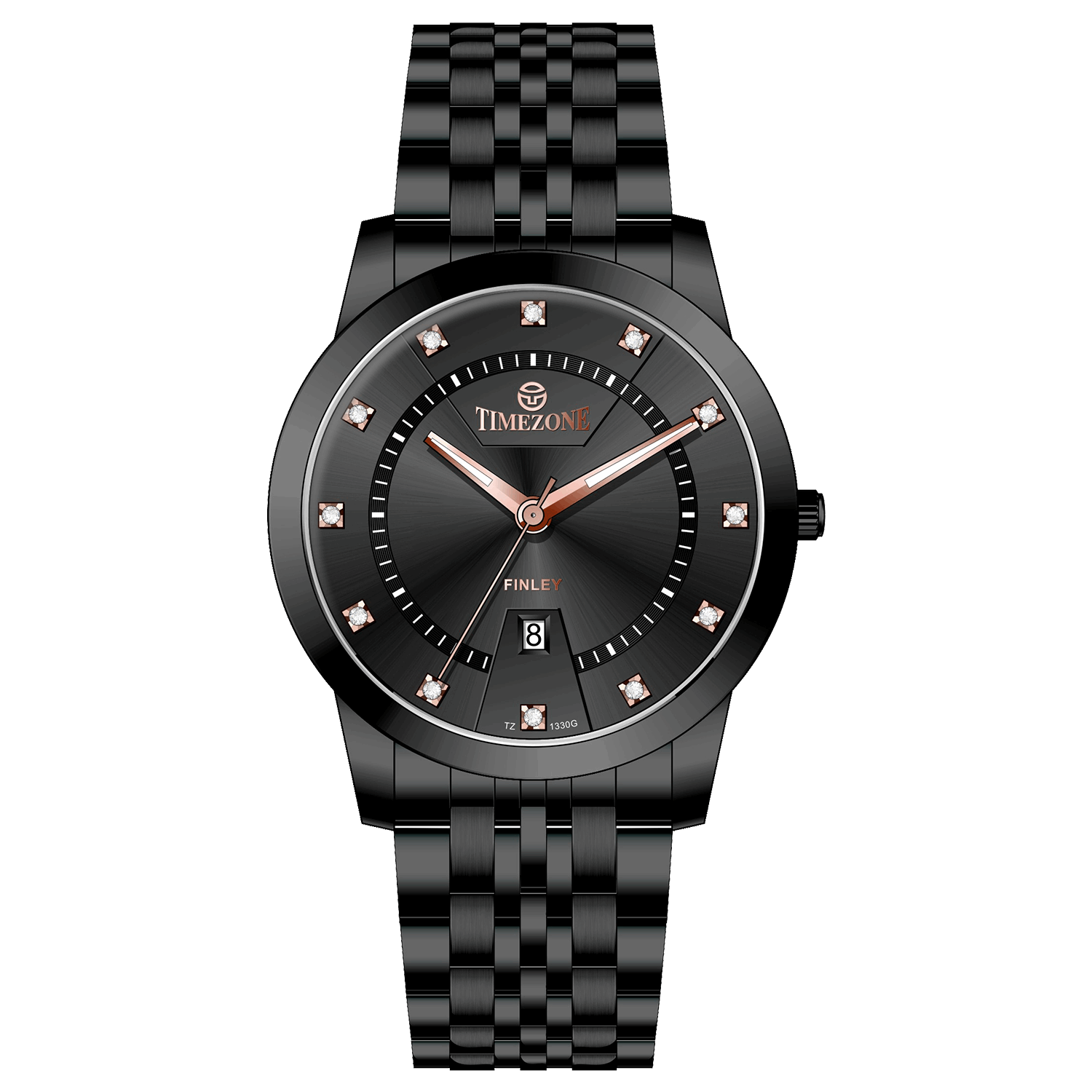 Branded wrist watch for men in pakistan. A black analog watch with a stainless steel band and a dial adorned with markers and a date display, branded 'TIMEZONE'.