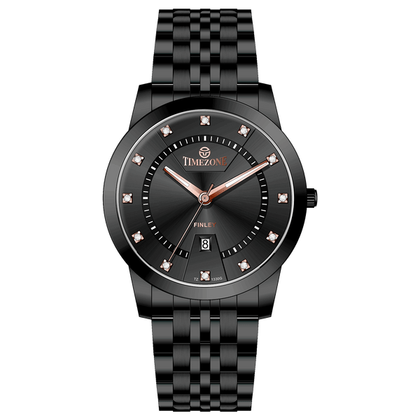 Branded wrist watch for men in pakistan. A black analog watch with a stainless steel band and a dial adorned with markers and a date display, branded 'TIMEZONE'.