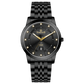 Branded wrist watch for men in pakistan.  A black analog watch with a stainless steel band and a dial adorned with markers and a date display, branded 'TIMEZONE'.
