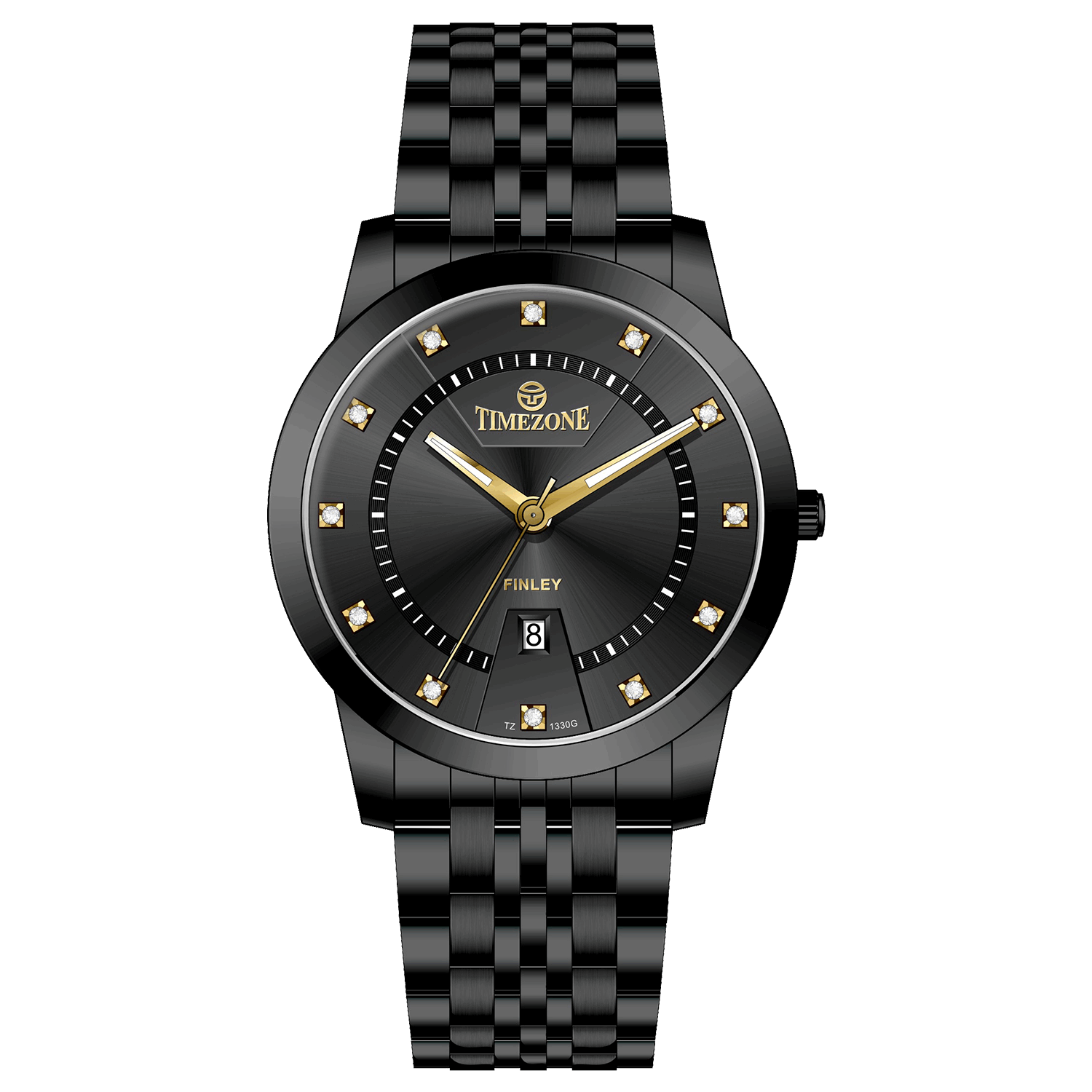 Branded wrist watch for men in pakistan.  A black analog watch with a stainless steel band and a dial adorned with markers and a date display, branded 'TIMEZONE'.