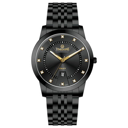 Branded wrist watch for men in pakistan.  A black analog watch with a stainless steel band and a dial adorned with markers and a date display, branded 'TIMEZONE'.