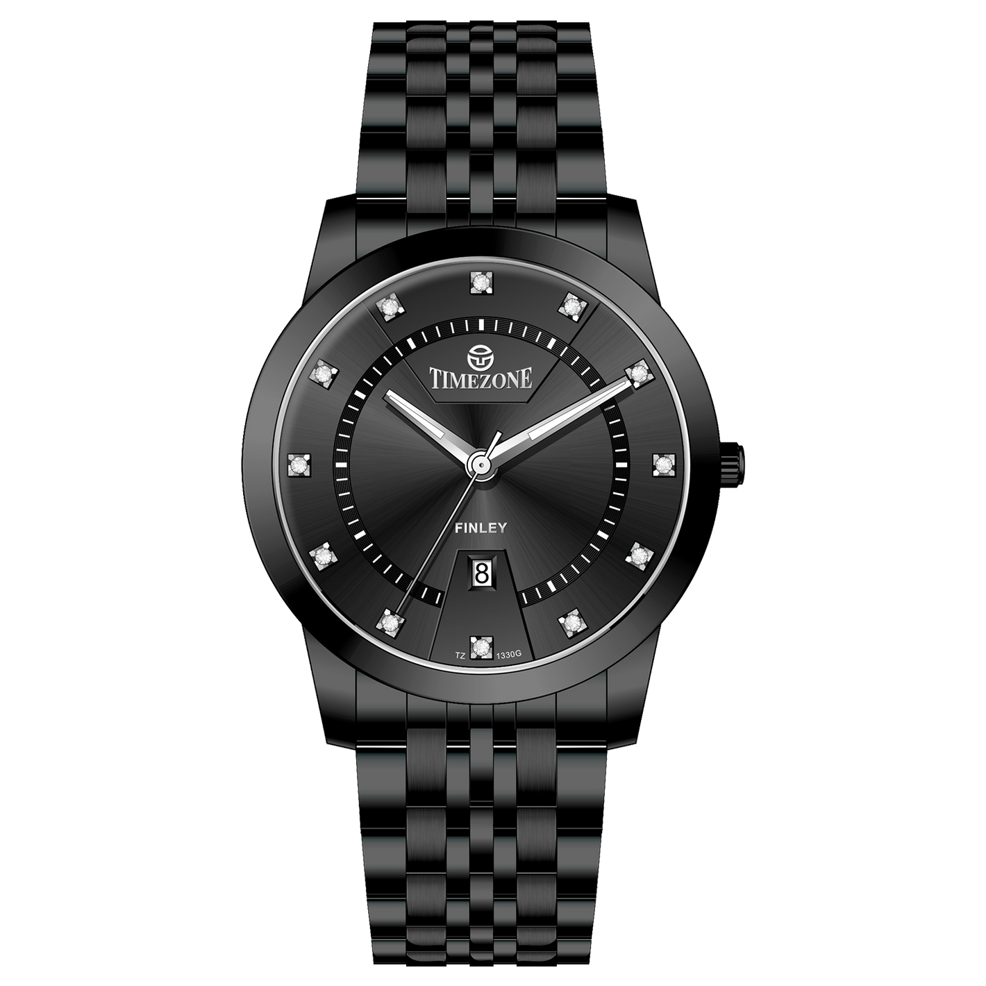 Branded wrist watch for men in pakistan. A black analog watch with a stainless steel band and a dial adorned with markers and a date display, branded 'TIMEZONE'.