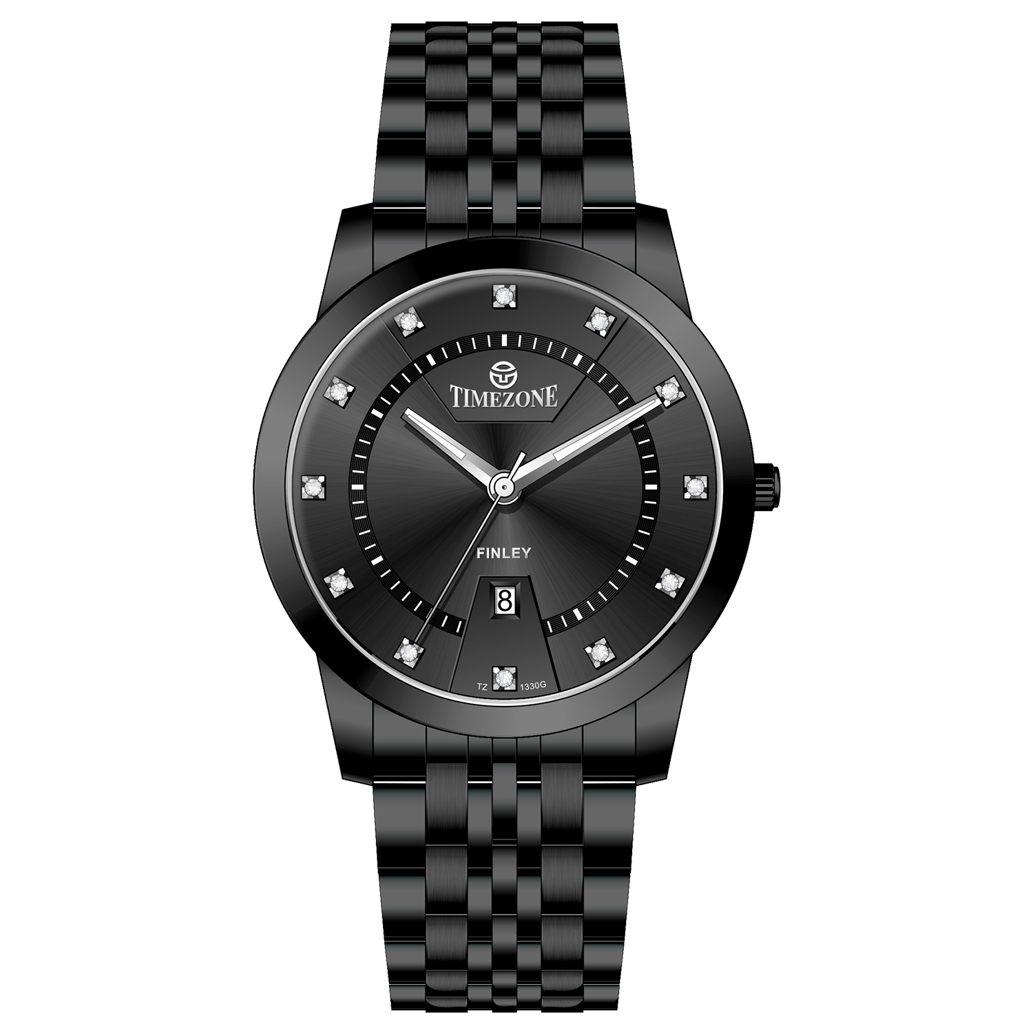 Branded wrist watch for men in pakistan. A black analog watch with a stainless steel band and a dial adorned with markers and a date display, branded 'TIMEZONE'.