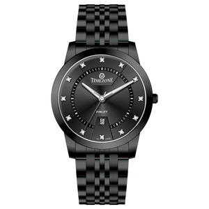Branded wrist watch for men in pakistan. A black analog watch with a stainless steel band and a dial adorned with markers and a date display, branded 'TIMEZONE'.