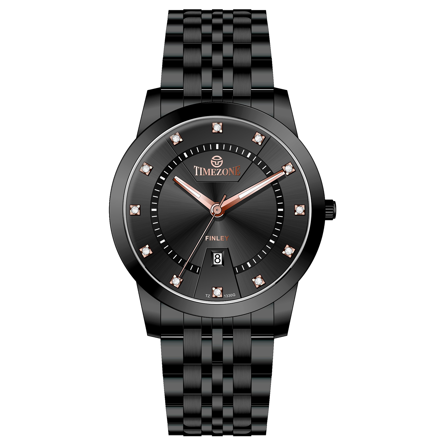 Branded wrist watch for men in pakistan. A black analog watch with a stainless steel band and a dial adorned with markers and a date display, branded 'TIMEZONE'.