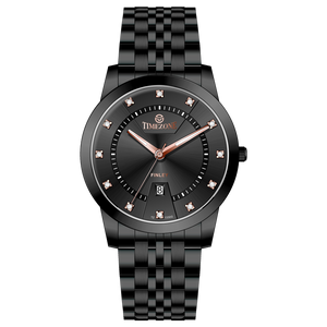 Branded wrist watch for men in pakistan. A black analog watch with a stainless steel band and a dial adorned with markers and a date display, branded 'TIMEZONE'.