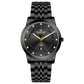 Branded wrist watch for men in pakistan.  A black analog watch with a stainless steel band and a dial adorned with markers and a date display, branded 'TIMEZONE'.