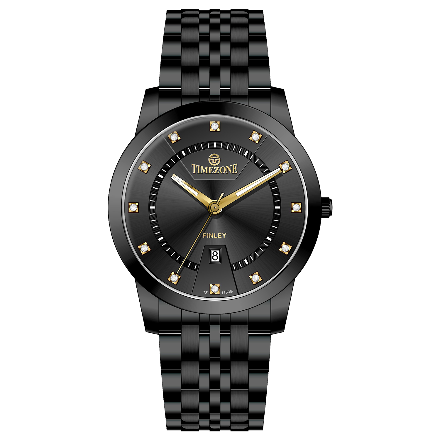 Branded wrist watch for men in pakistan.  A black analog watch with a stainless steel band and a dial adorned with markers and a date display, branded 'TIMEZONE'.