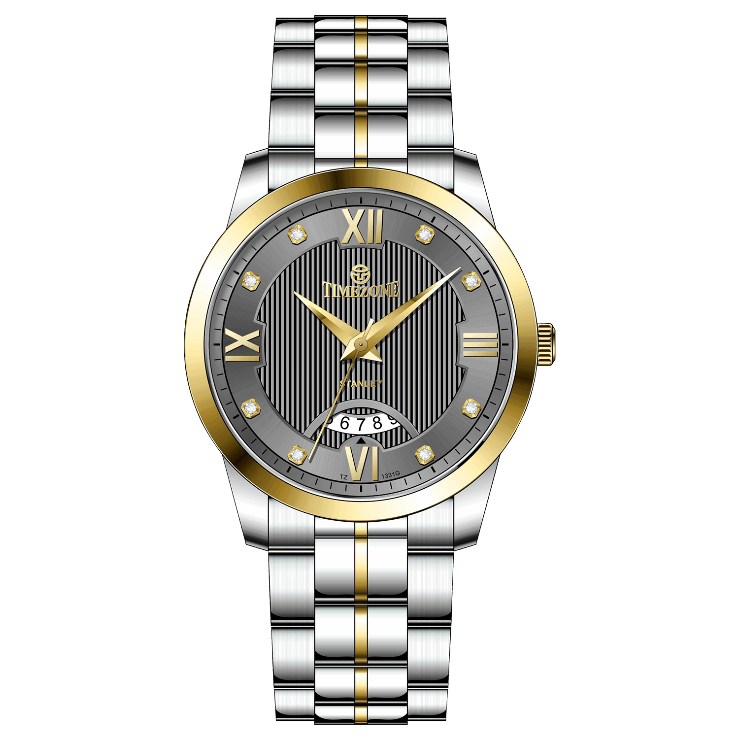 A stainless steel TimeZones watch with a silver dial, gold hands, and a stainless steel band. Discover timezone watches: elegant branded wrist watches for men in pakistan.
