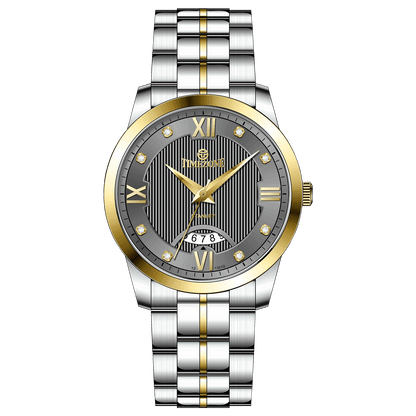 A stainless steel TimeZones watch with a silver dial, gold hands, and a stainless steel band. Discover timezone watches: elegant branded wrist watches for men in pakistan.