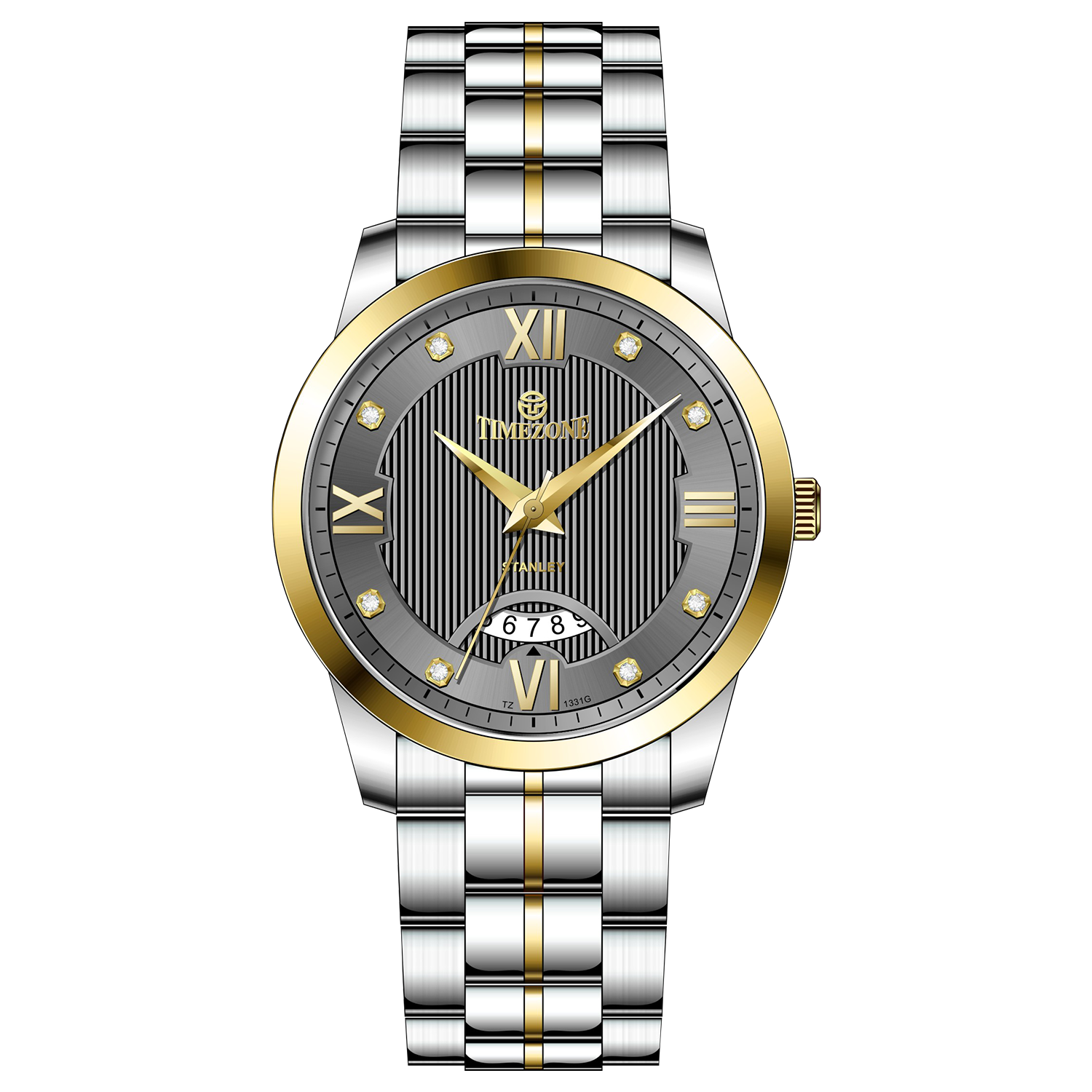 A stainless steel TimeZones watch with a silver dial, gold hands, and a stainless steel band. Discover timezone watches: elegant branded wrist watches for men in pakistan.
