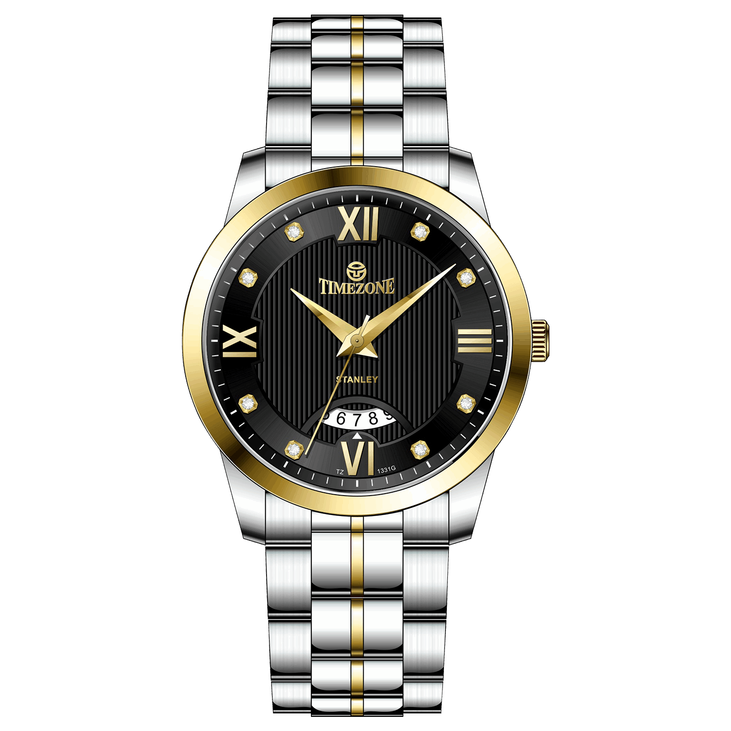 A stainless steel TimeZones watch with a silver dial, gold hands, and a stainless steel band. Discover timezone watches: elegant branded wrist watches for men in pakistan.
