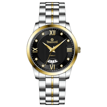 A stainless steel TimeZones watch with a silver dial, gold hands, and a stainless steel band. Discover timezone watches: elegant branded wrist watches for men in pakistan.