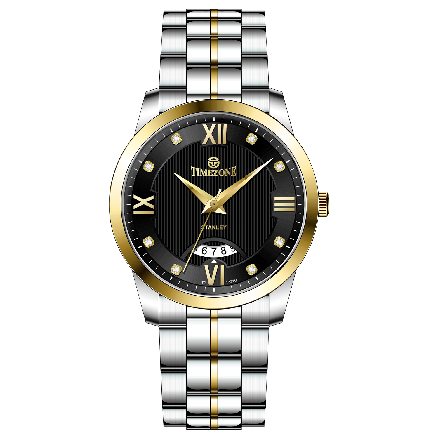 A stainless steel TimeZones watch with a silver dial, gold hands, and a stainless steel band. Discover timezone watches: elegant branded wrist watches for men in pakistan.